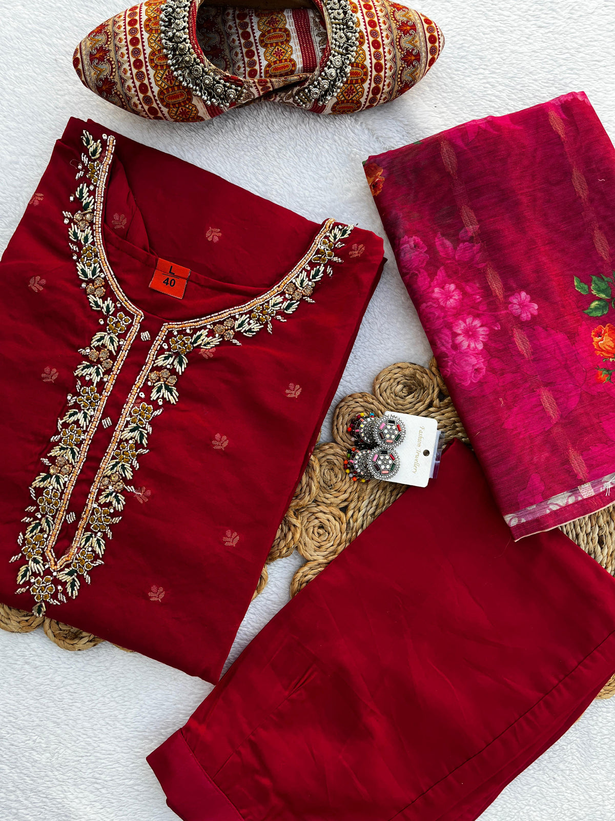 Handwork  Banarasi Jacquard Silk Kurta Dupatta Bottom Set