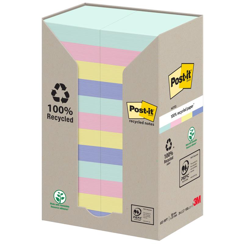 Post-it® Recycling Notes, 38 mm x 51 mm, 100 Blatt/Block, 100% PEFC