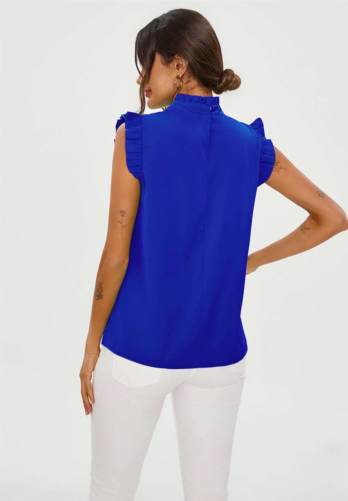 Frill Trim Sleeve High Neck Blouse Top In Royal Blue Namma Markt
