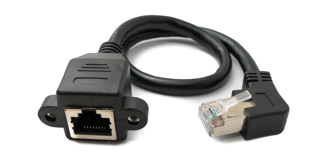 LAN Kabel 30 cm 8P8C Stecker zu Buchse Winkel Schraube in Schwarz | System-S