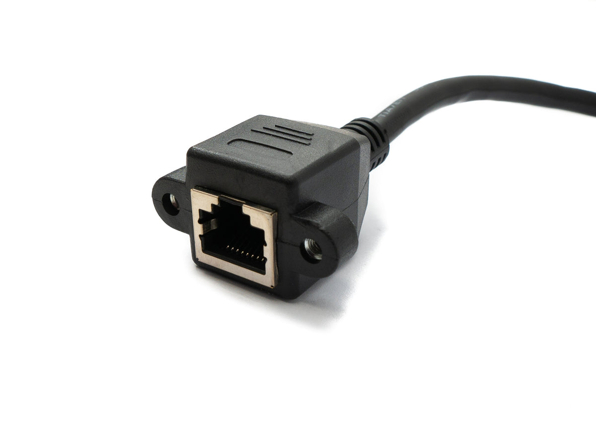 LAN Kabel 30 cm 8P8C Stecker zu Buchse Winkel Schraube in Schwarz | System-S