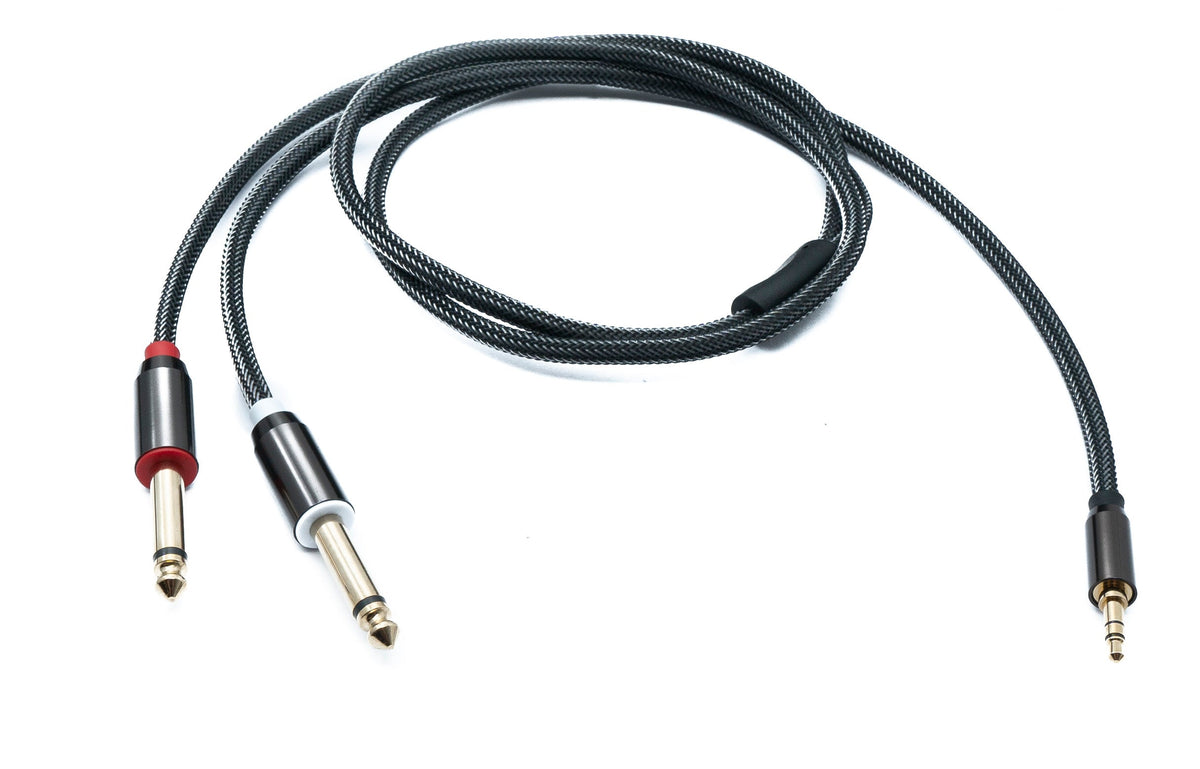 Audio Y Klinke Kabel 100 cm 2x 6,35 mm 2 polig Stecker zu 3,5 mm 3 polig Stecker geflochten AUX | System-S
