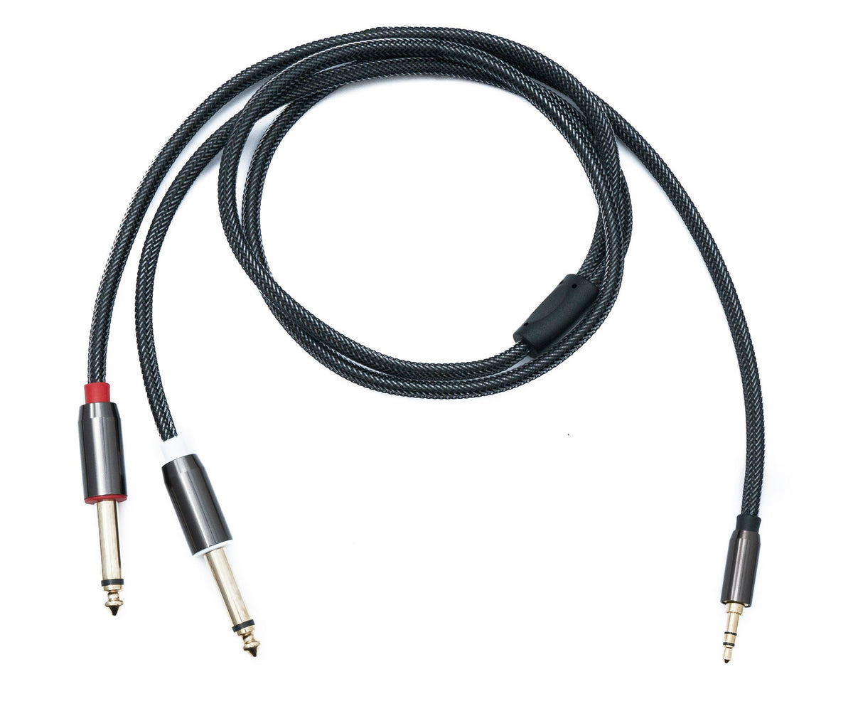 Audio Y Klinke Kabel 100 cm 2x 6,35 mm 2 polig Stecker zu 3,5 mm 3 polig Stecker geflochten AUX | System-S