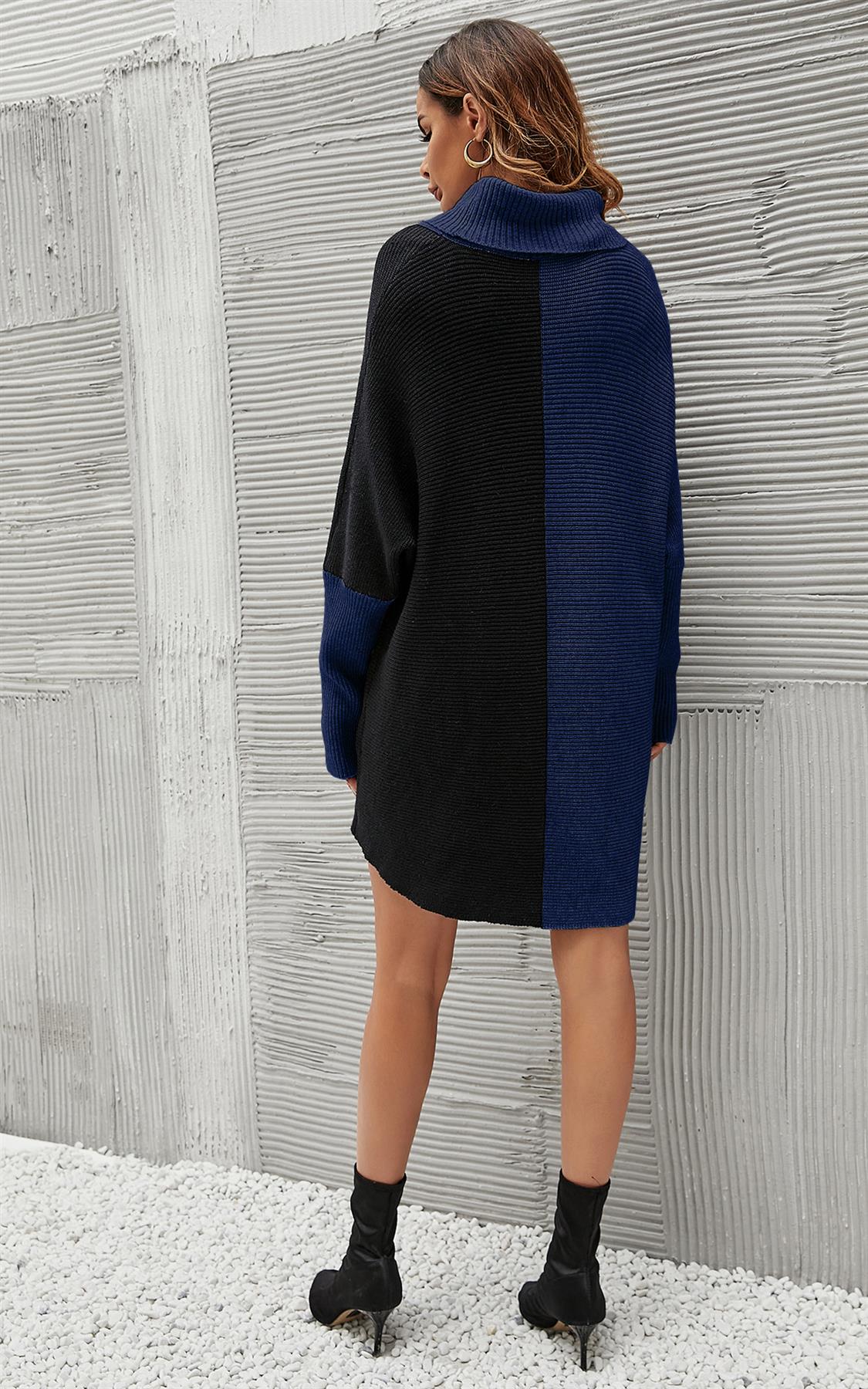 High Neck Half Forest Navy & Black Block Colour Jumper Top