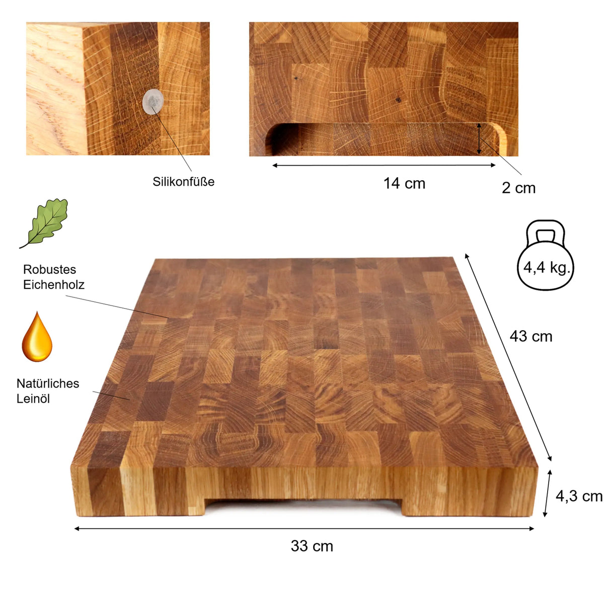 Schneidebrett groß Eiche Stirnholz 43x33x4,3cm – Profi Hackblock & Hirnholzbrett