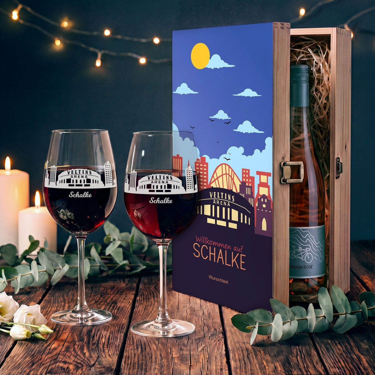 Stölzle Lausitz Weingläser mit Skyline Schalke Gravur als Set inkl. bedruckter Holzkiste