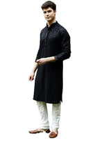 Men's Kurta Churidar with Embroidery Cotton Rayon Black