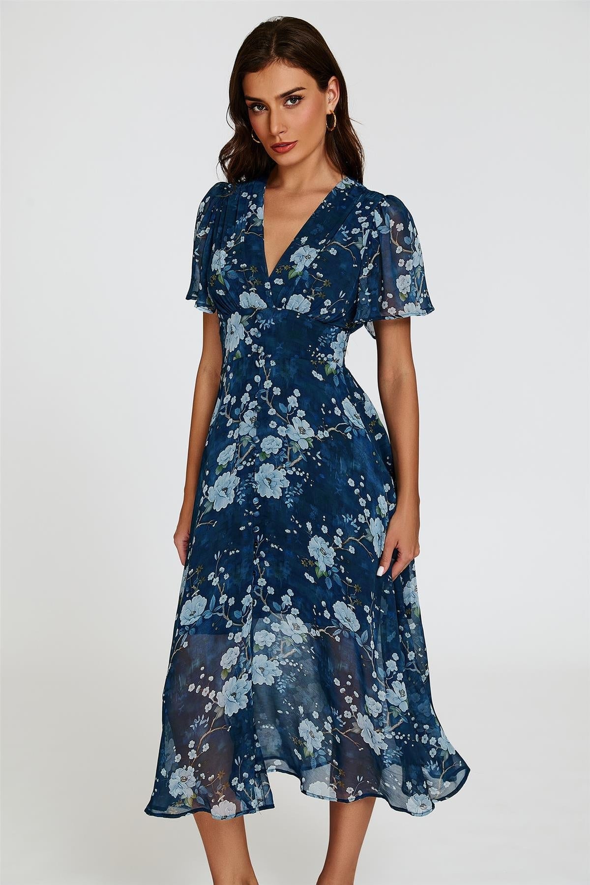 Floral Print Midi V neckline Dress In Navy
