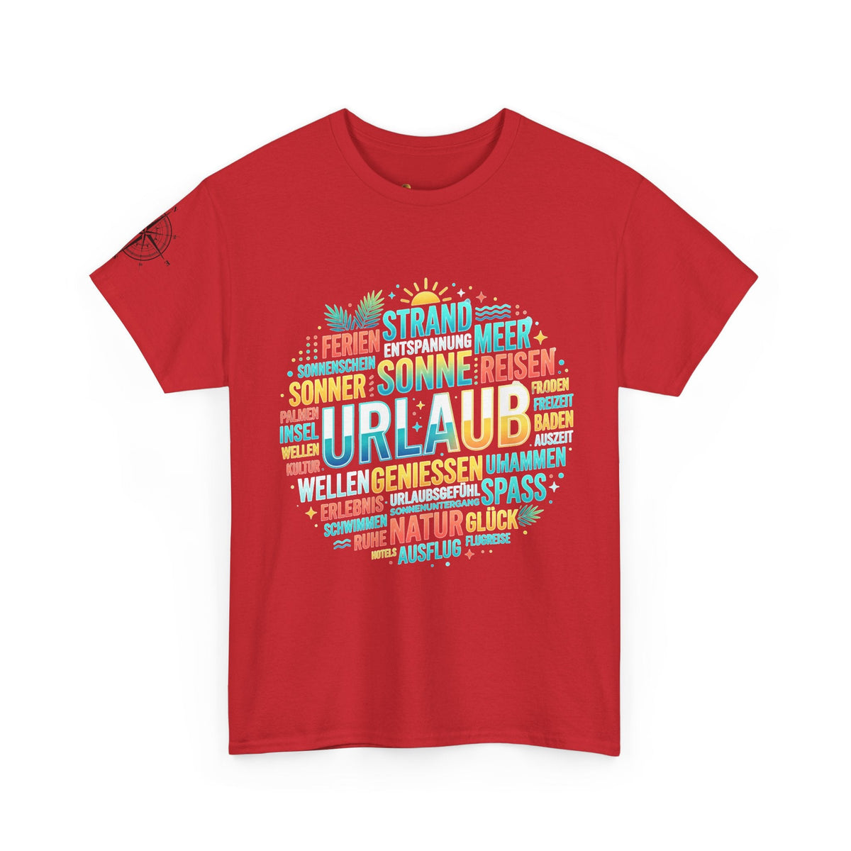 Strandurlaub T-Shirt – Retro Sonnenuntergang mit Palmen & ‚Urlaub‘ Wortwolke