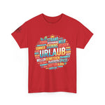 Strandurlaub T-Shirt – Retro Sonnenuntergang mit Palmen & ‚Urlaub‘ Wortwolke