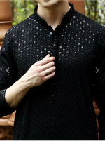 Men's Kurta Churidar with Embroidery Cotton Rayon Black