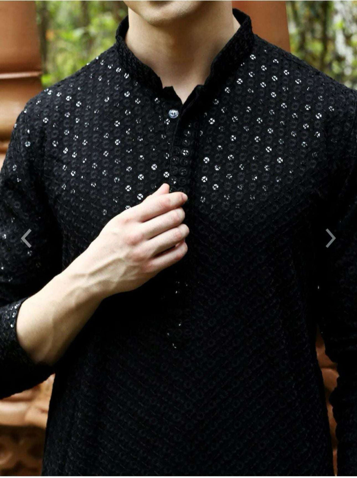 Men's Kurta Churidar with Embroidery Cotton Rayon Black