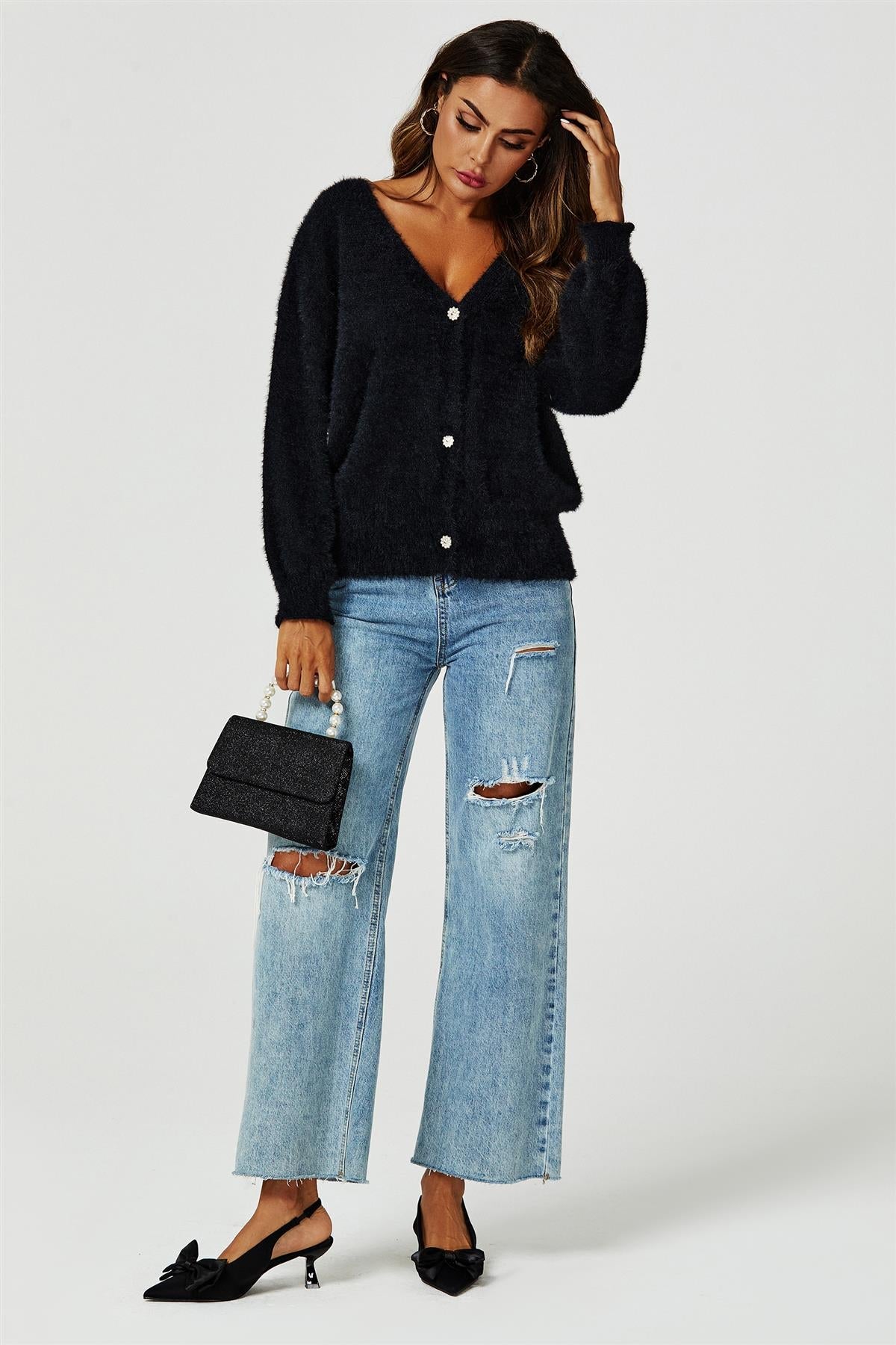 Relaxed Cozy Soft Cardigan In Black