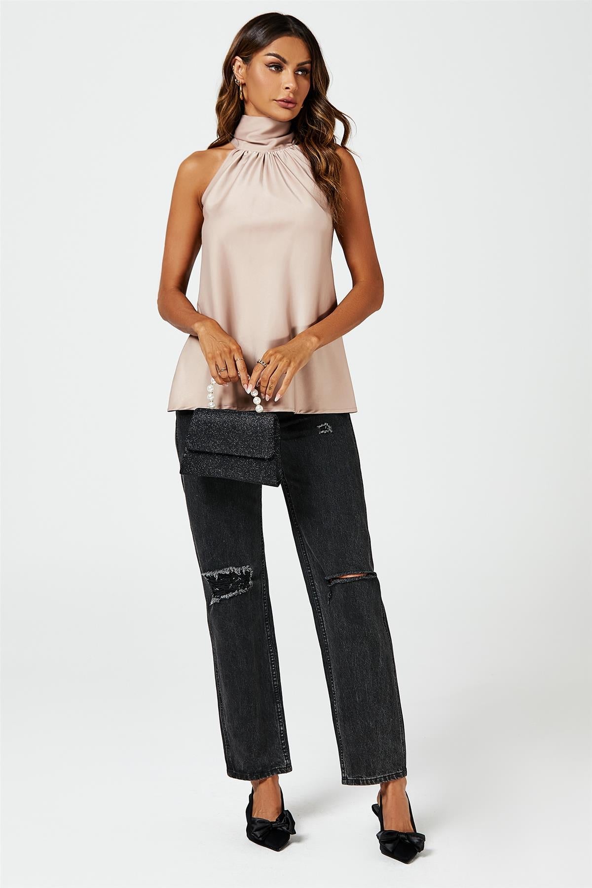 Satin Halter Neck Tie Back Top In Light Brown