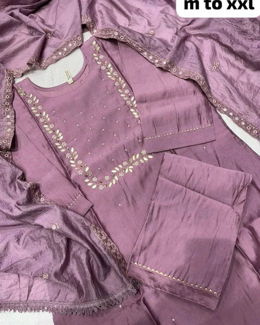 Handwork at Neck gotta Patti Pearl Dola Silk Kurta Dupatta Bottom Set