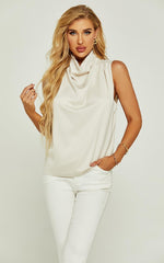 High Neck Sleeveless Blouse In Oyster