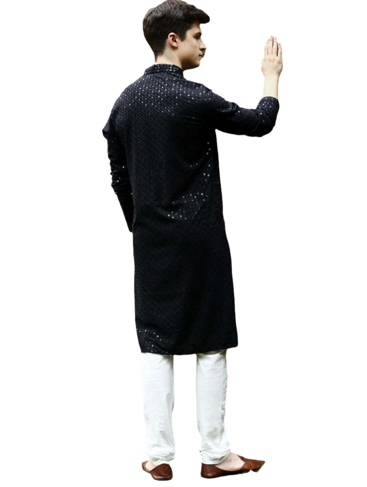 Men's Kurta Churidar with Embroidery Cotton Rayon Black