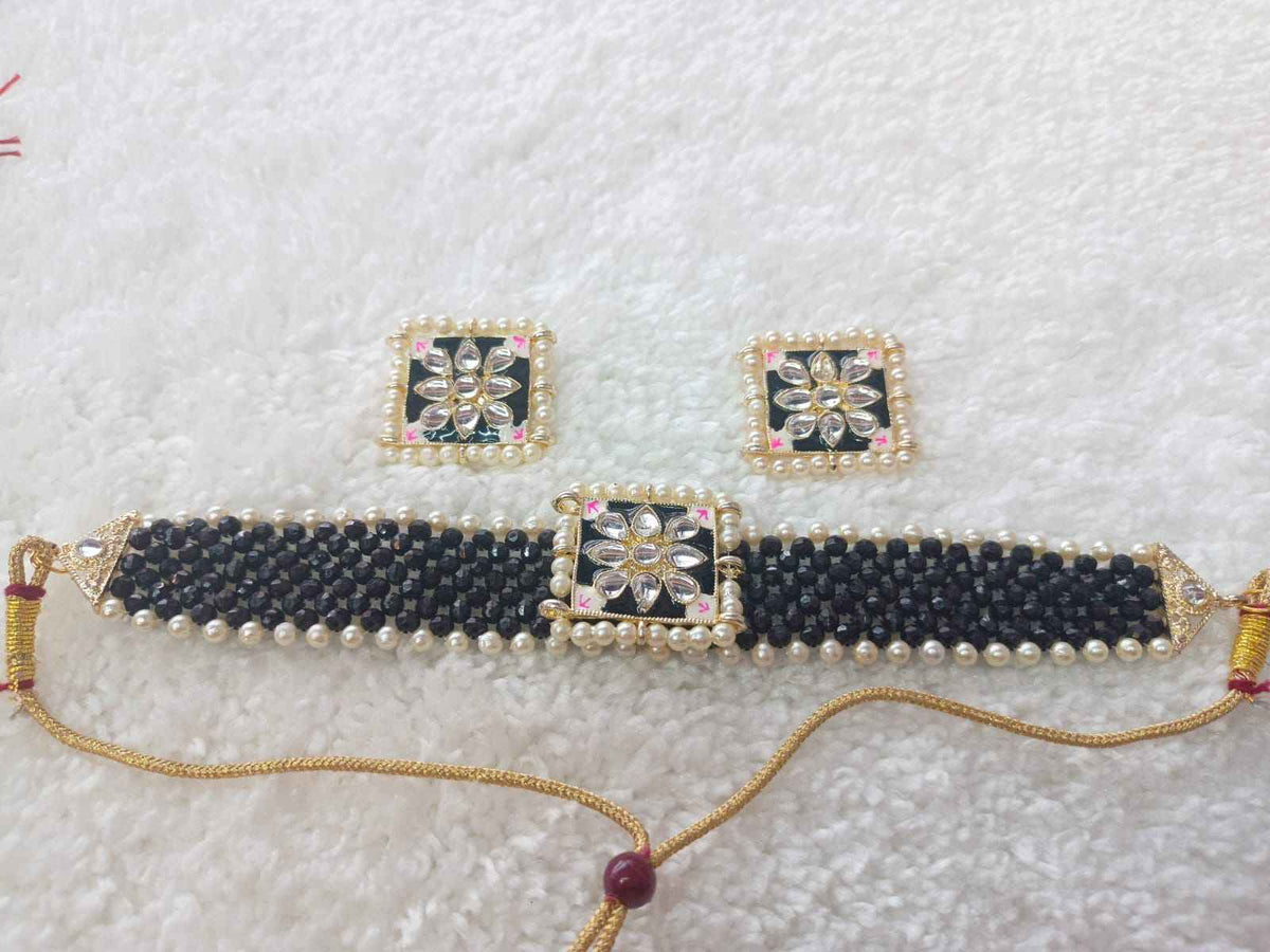 Dazzling Crsytal Multistrand Beaded Kundan Choker Necklace Earring For Women