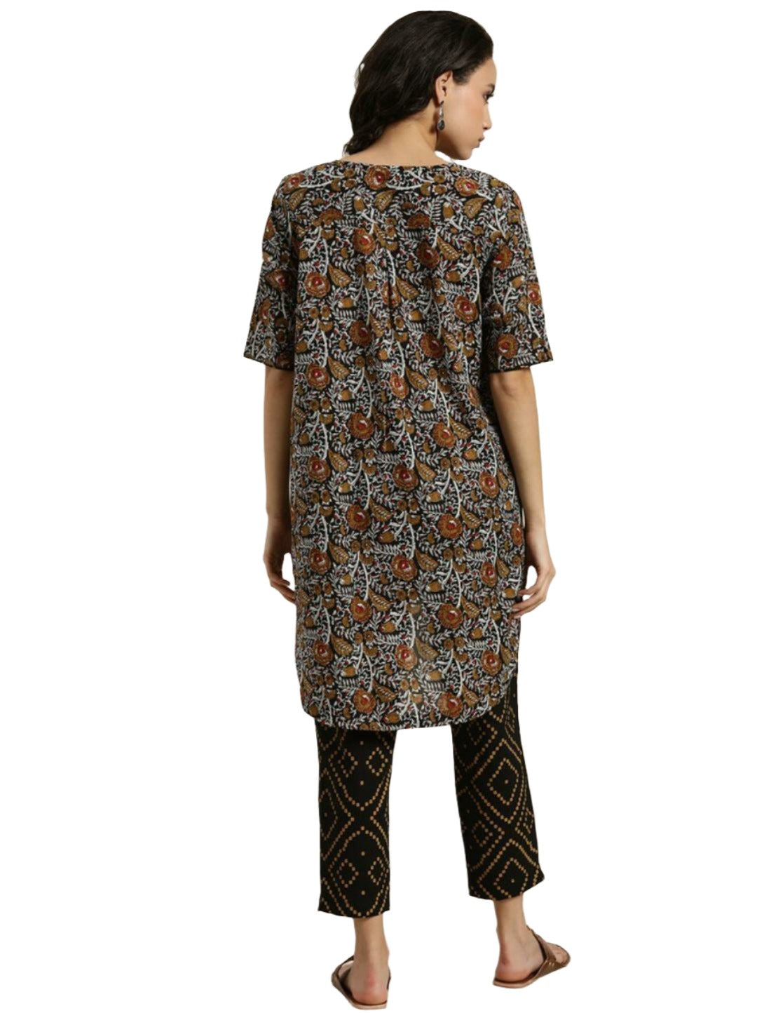 Women Black & Mustard Brown Pure Cotton Floral Print High-Low Kurta with Trousers