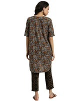 Women Black & Mustard Brown Pure Cotton Floral Print High-Low Kurta with Trousers