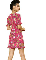 Women Pretty Pink Floral Cinched Waist Dress