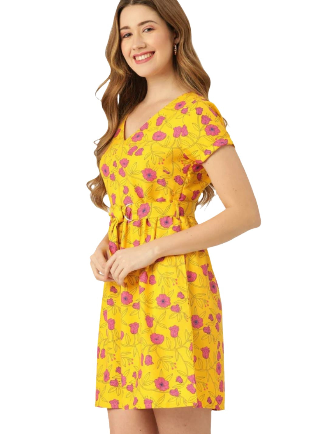 Women Mustard Yellow & Pink Floral Printed A-Line Dress