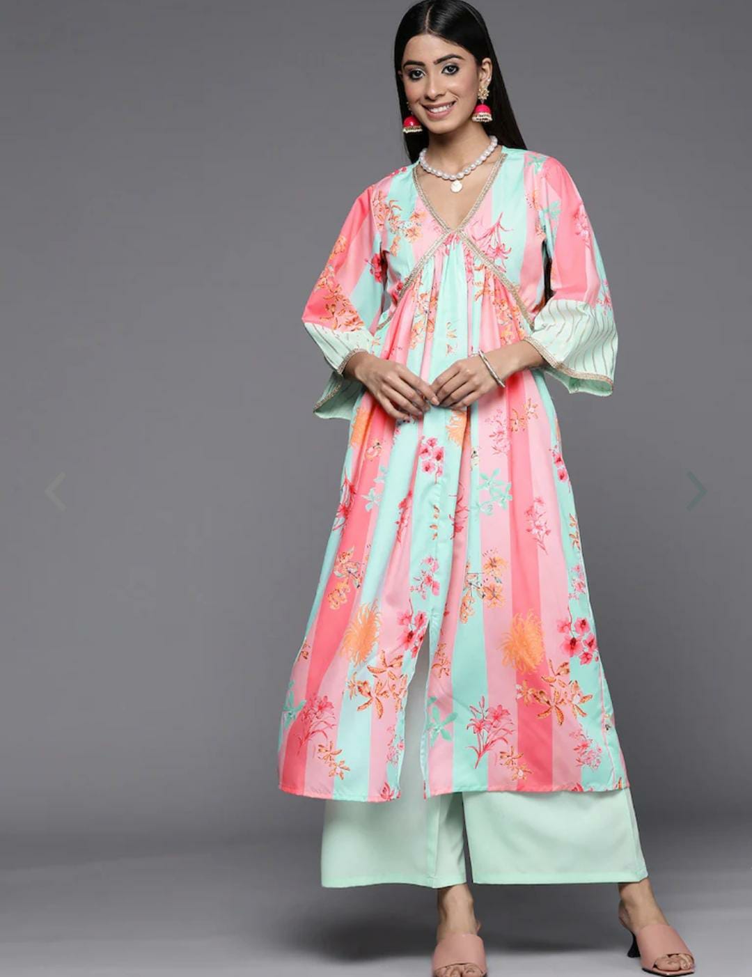 Women Floral Printed Pleated Gotta Patti Kurta With Palazzos