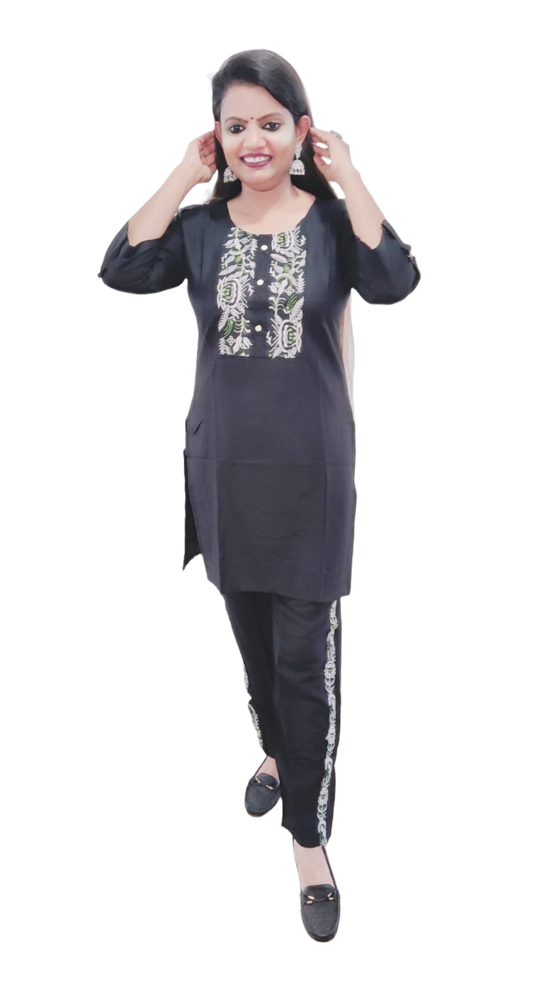 Black Rayon Embroidery Outfit(Kurti + Pant)