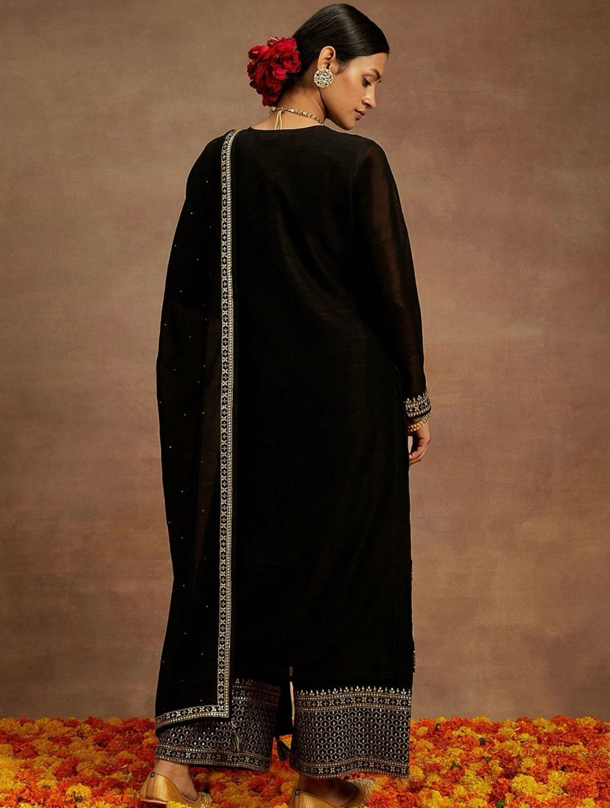 Kurta With Palazzos & Dupatta with Floral Embroidery