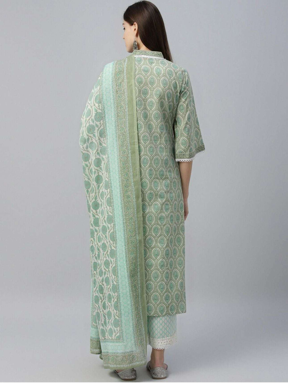 Women Green Printed Kurta with Palazzos Dupatta
