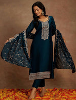 Yoke Design Sequinned Straight Kurta with Trousers & With Dupatta