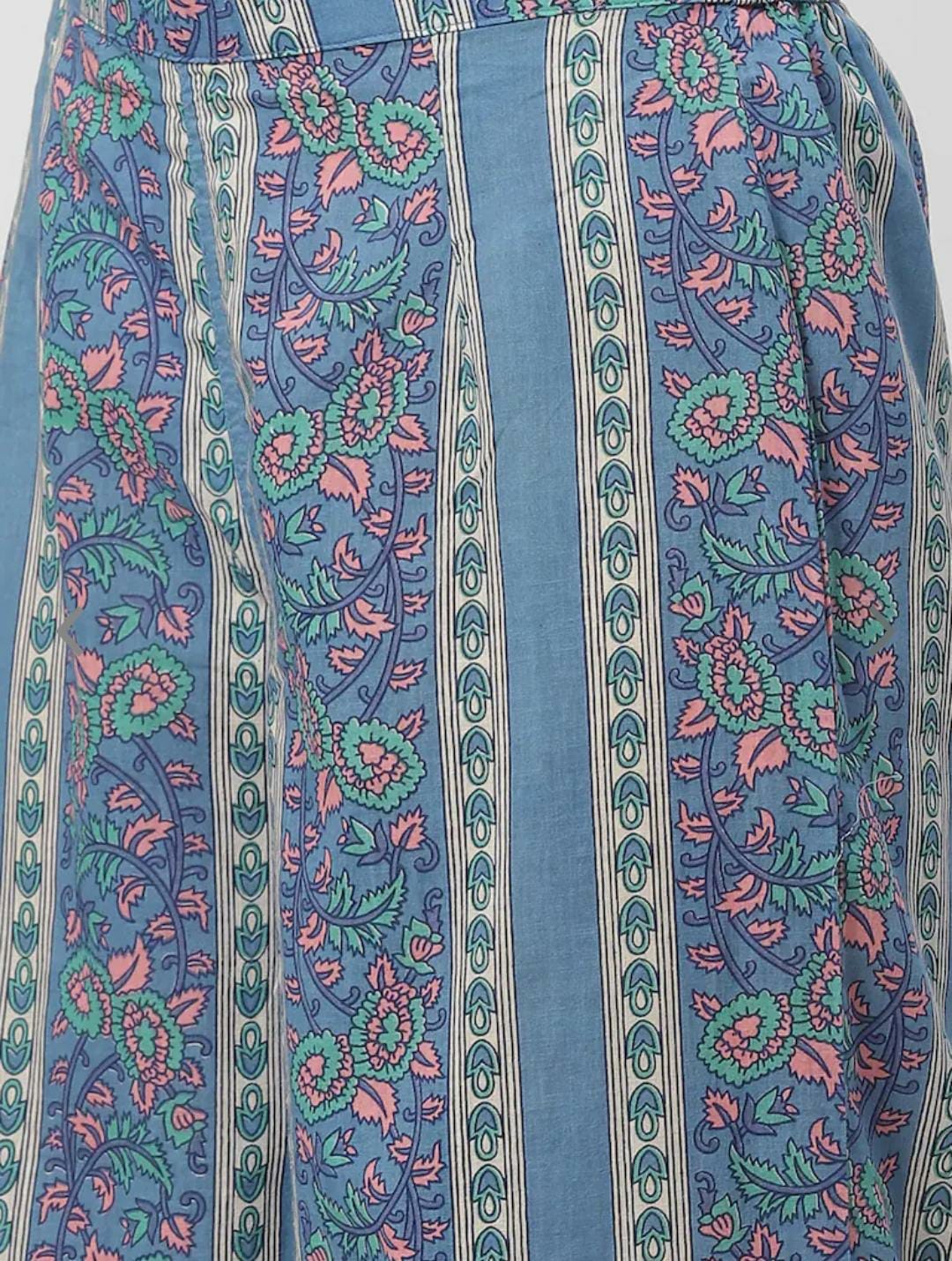 Women Blue & Cream-Coloured Straight Pure Cotton Kurta with Palazzos