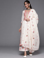 Off White & Pink Cotton Floral Thread Work Kurta with Palazzos & Dupatta