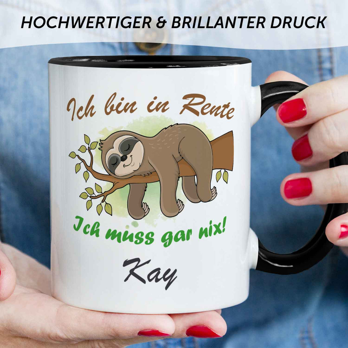 Bedruckte Tasse Faultier in Rente - Personalisiert mit Name