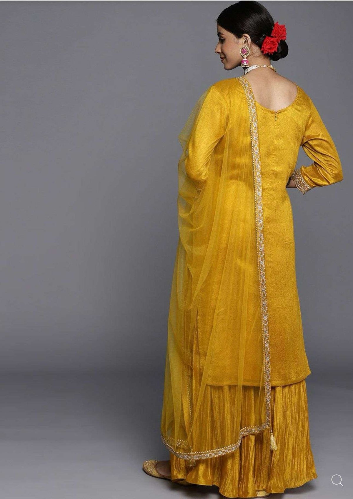 Mustard Embroidered Silk Blend Straight Suit Set(3 Pcs Set)