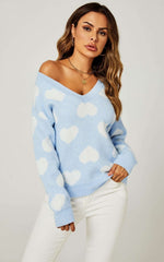 Relaxed Comfy White V Neck Heart Pattern Jumper Top In Baby Blue Namma Markt
