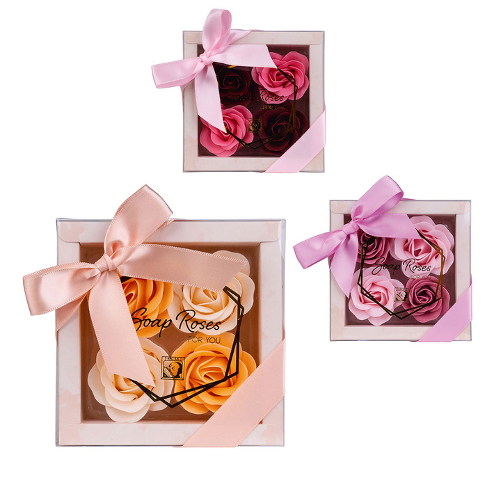 Baderosen Geschenkbox 4x4g » Badekonfetti | Seifenrosen Set in heller Geschenkverpackung mit Schleife | Rosen Duft