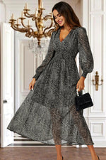 Leopard Print Long Sleeve Maxi Dress In Grey
