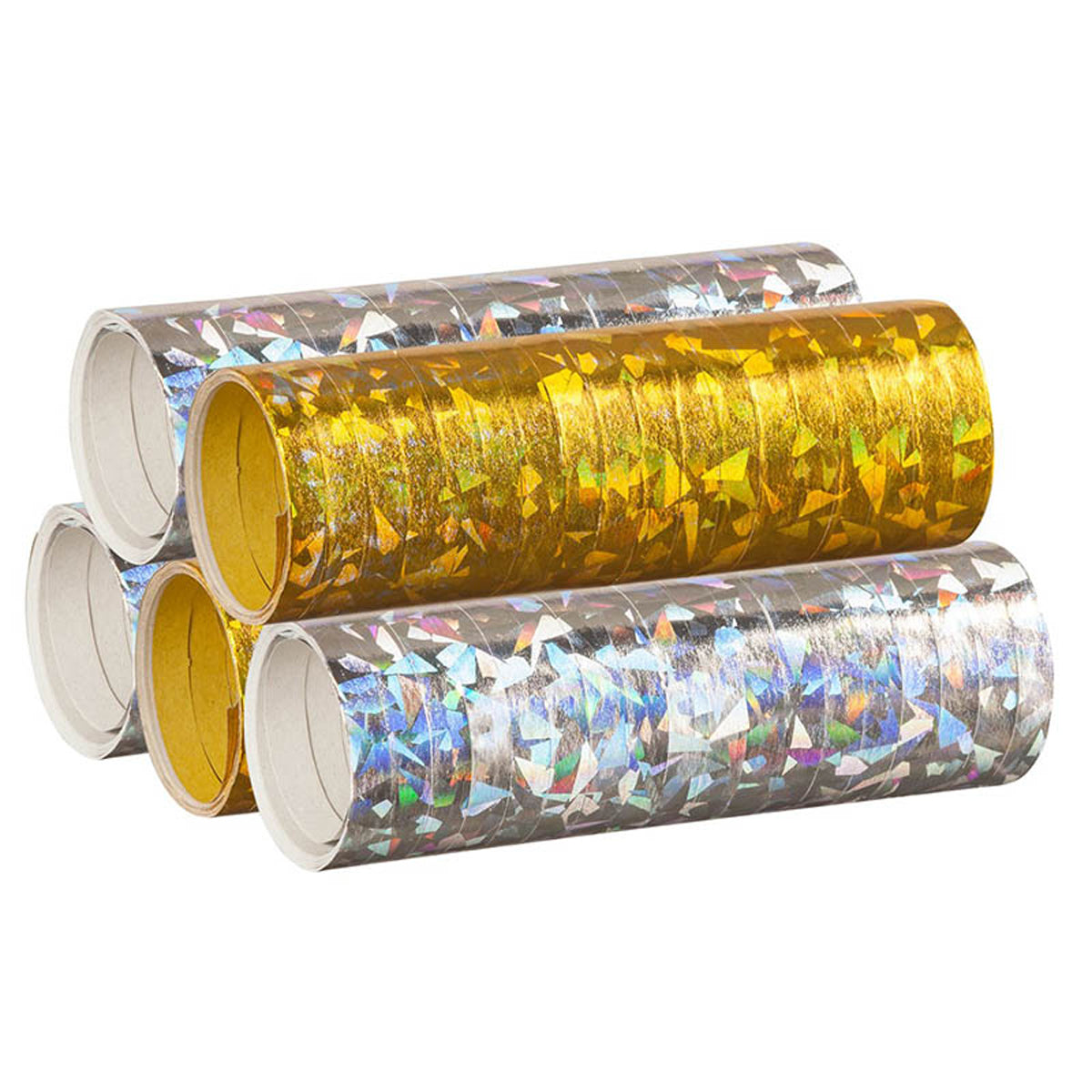 Luftschlangen "Holografisch" 4m / 5 Rollen Gold/Silber