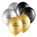 Luftballon Frohes Neues ca. 33cmØ/6St. Silber, Schwarz, Gold