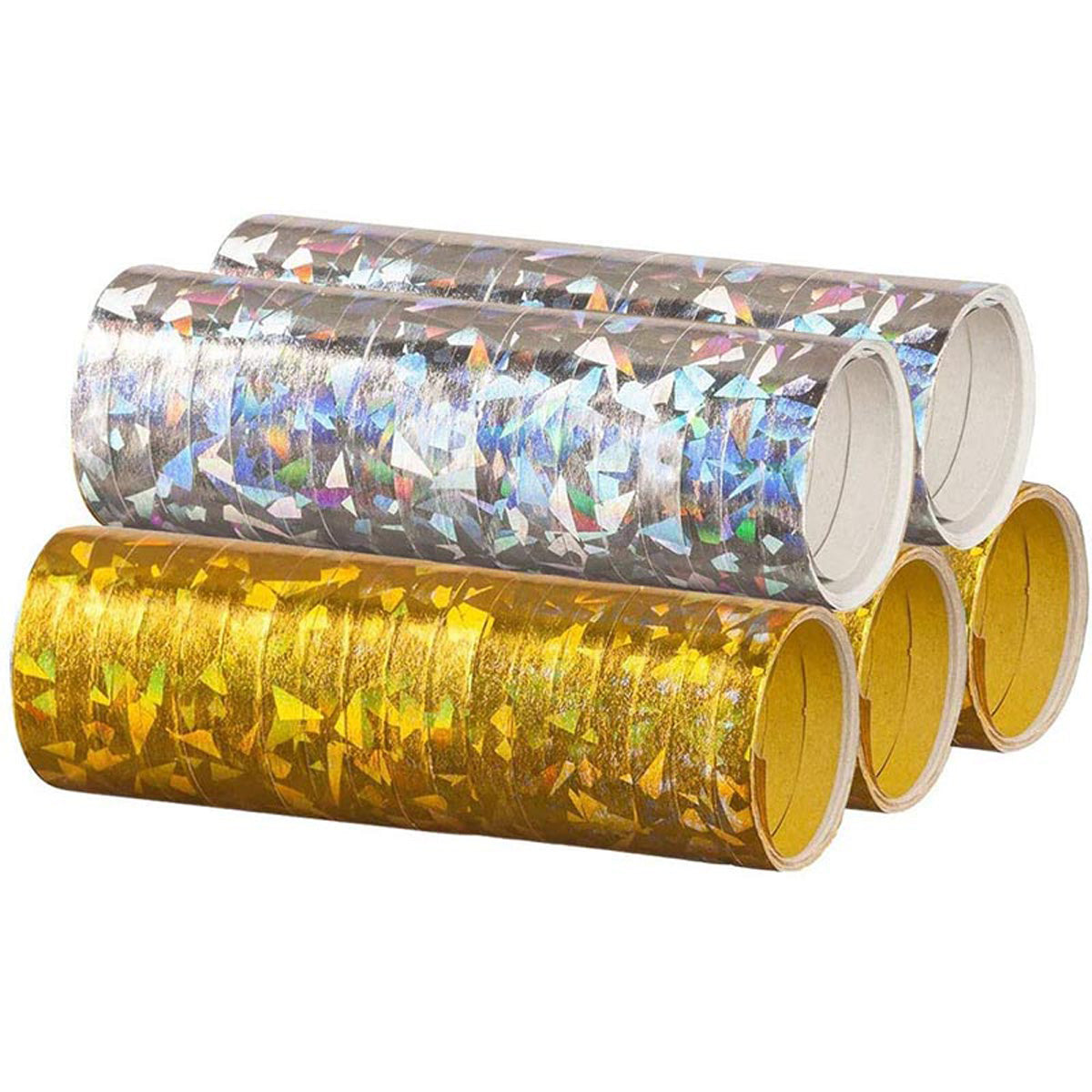 Luftschlangen "Holografisch" 4m / 5 Rollen Gold/Silber