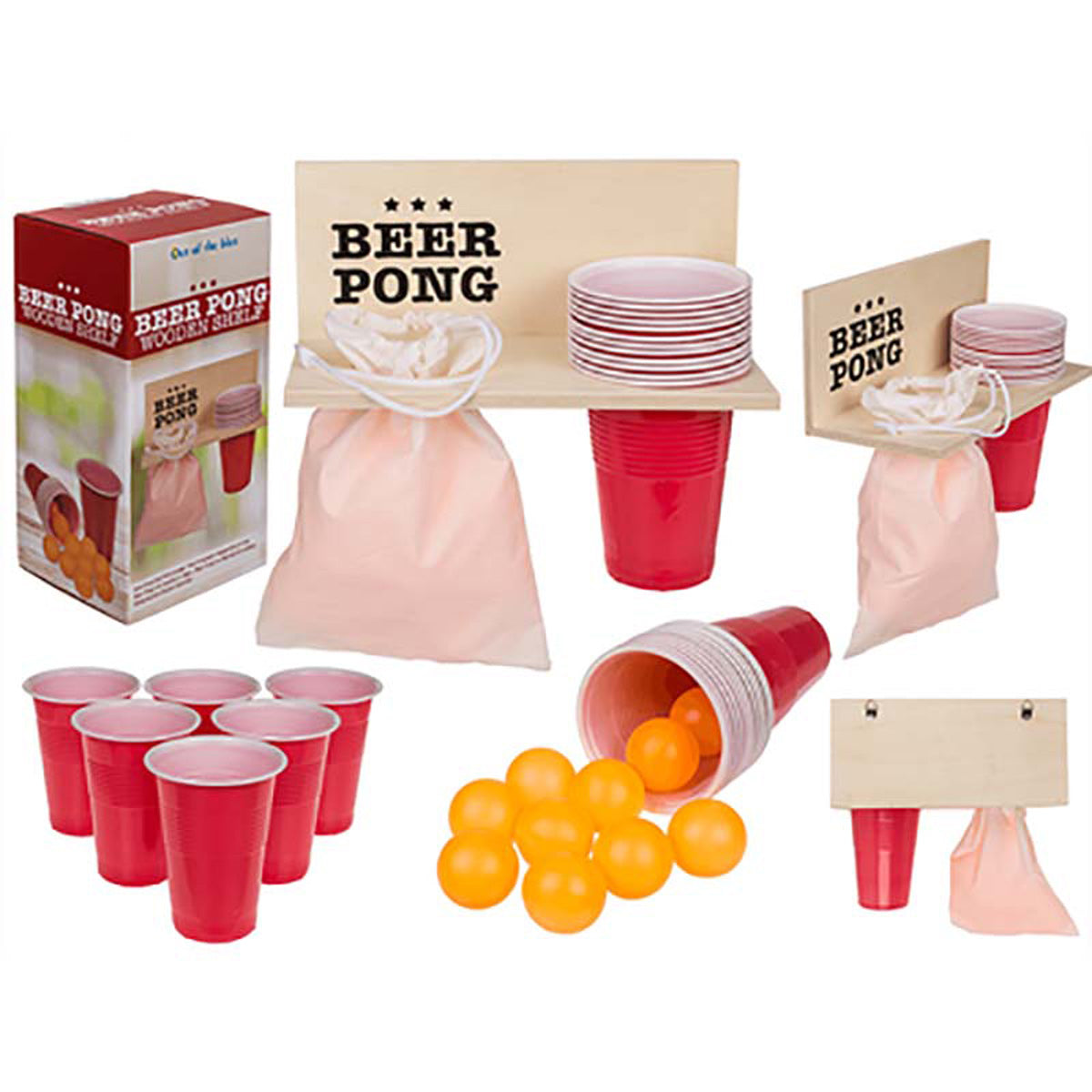 Beer Pong mit Holzablage, 12 Becher + 12 Bälle