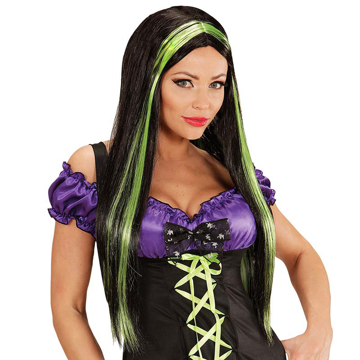 Halloween Perücke Damen "Hexe Langhaar" | Schwarz Grün