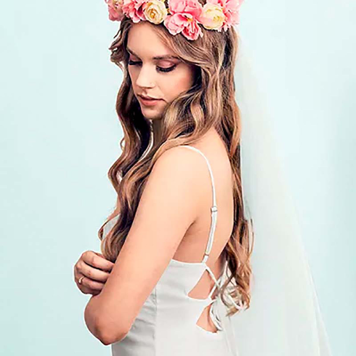 Haarreif Blumenkranz 17cm mit Schleier rosa/creme