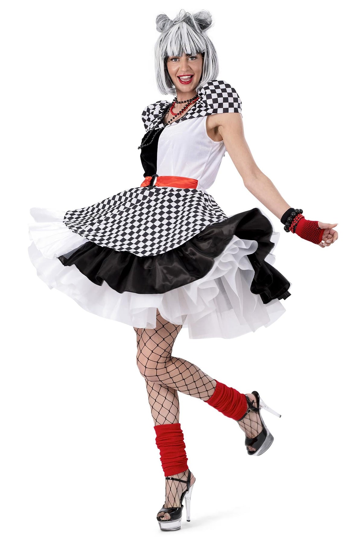 Clown Kostüm "Karierte Suzanna" für Damen | Schwarz Weiß - Kleid und Gürtel
