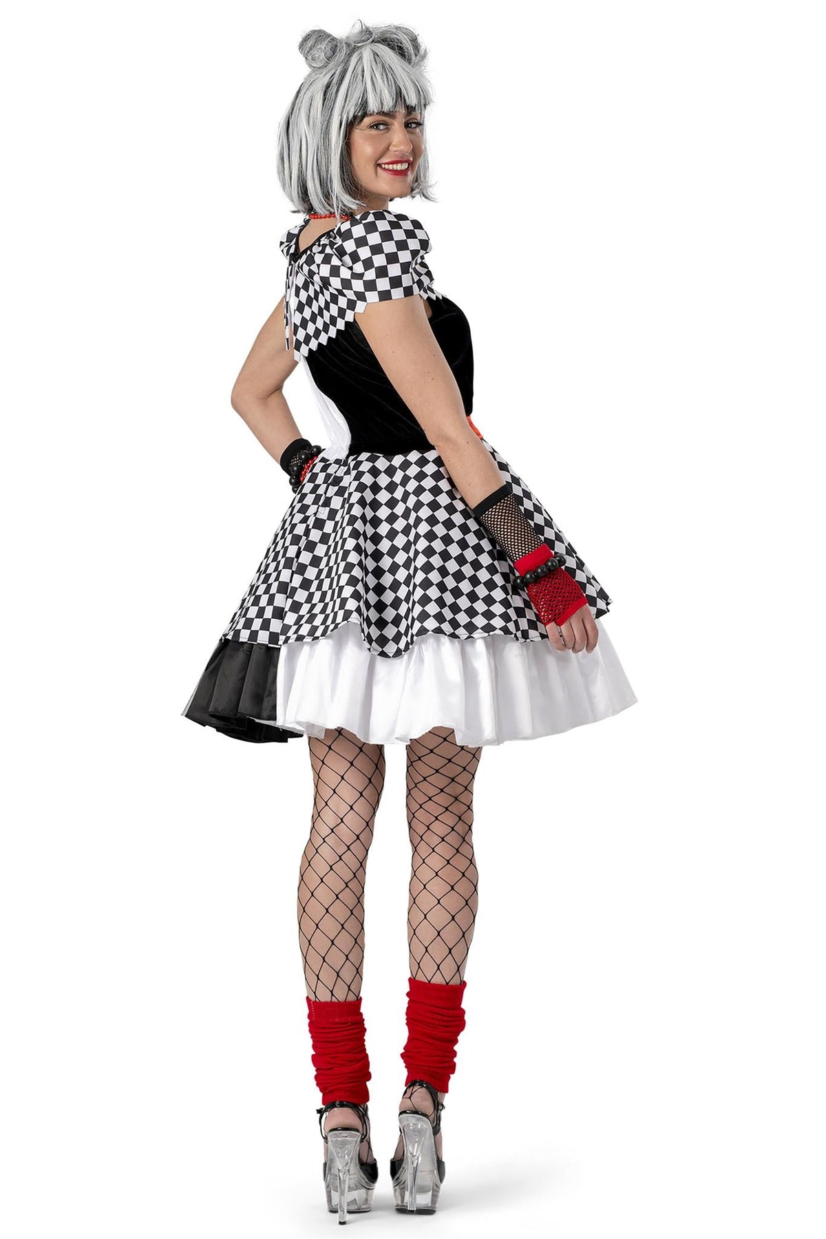 Clown Kostüm "Karierte Suzanna" für Damen | Schwarz Weiß - Kleid und Gürtel