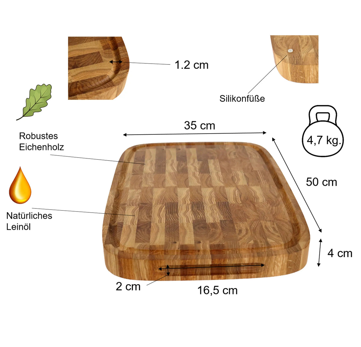 Großes Stirnholzbrett Eiche Oval 50x35x4cm – Massiver Hackblock mit Saftrille