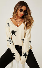 Relaxed Soft V Neck Animal Star Pattern Jumper Top In Beige