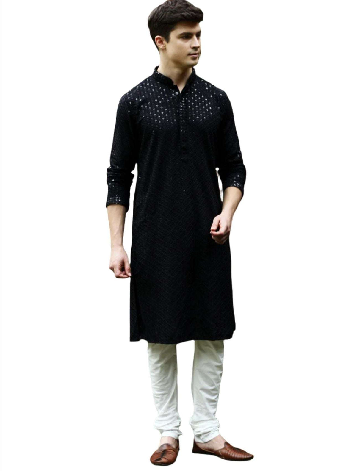 Men's Kurta Churidar with Embroidery Cotton Rayon Black
