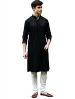 Men's Kurta Churidar with Embroidery Cotton Rayon Black